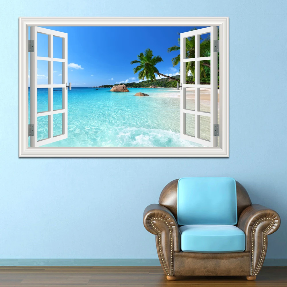 3D Beach Window View Wall Sticker Removable Summer Coconut Tree Murals Wallpaper Peel and Stick Living Room Kitchen Sticker - Image 3