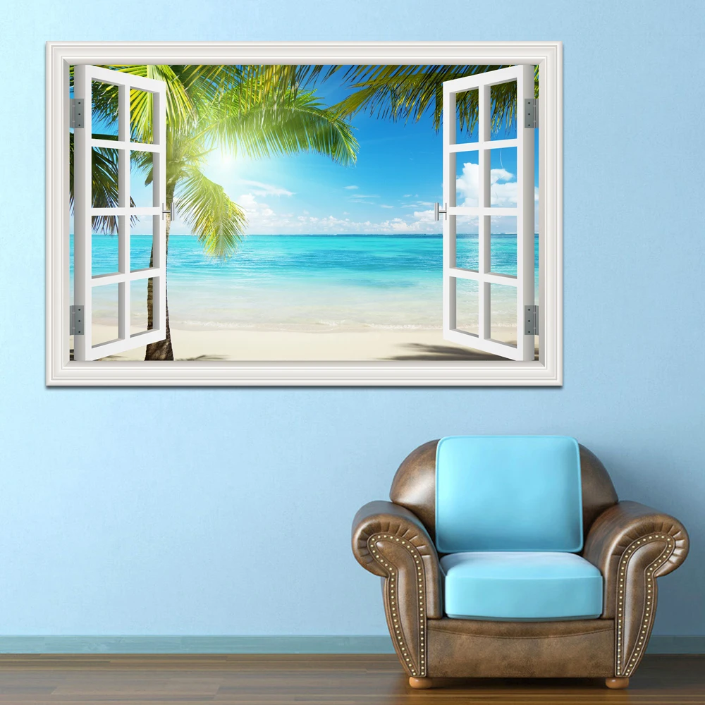 3D Beach Window View Wall Sticker Removable Summer Coconut Tree Murals Wallpaper Peel and Stick Living Room Kitchen Sticker - Image 5