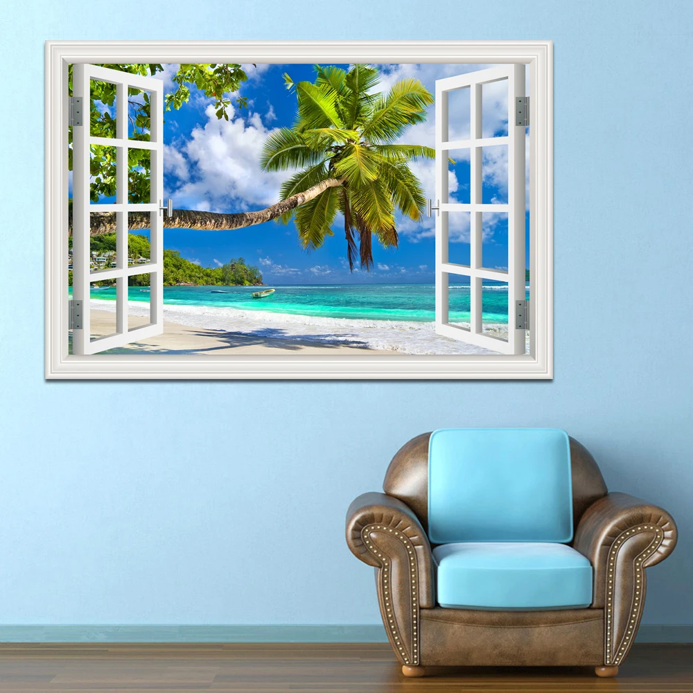 3D Beach Window View Wall Sticker Removable Summer Coconut Tree Murals Wallpaper Peel and Stick Living Room Kitchen Sticker - Image 2