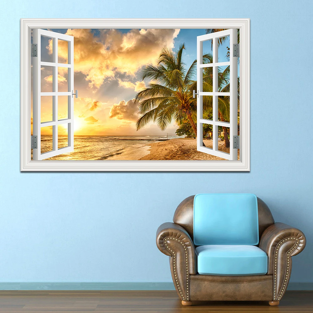 3D Beach Window View Wall Sticker Removable Summer Coconut Tree Murals Wallpaper Peel and Stick Living Room Kitchen Sticker - Image 4