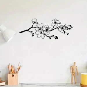 Flower Wall Art, Black Cherry Blossom Iron Decor, Modern Metal Wall Decor for Living Room, Indoor Outdoor Garden Hanging Art
